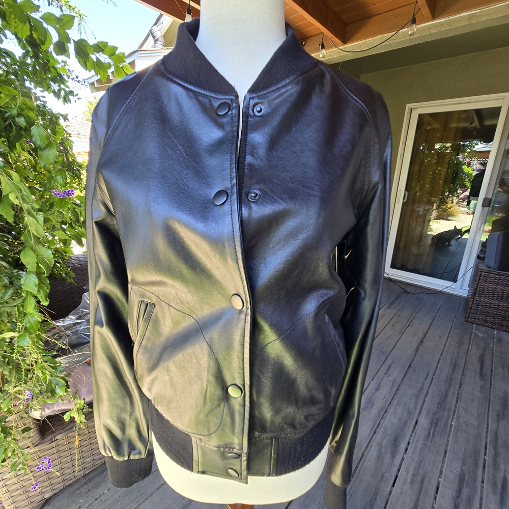 Aqua Black Faux Leather Bomber Jacket with Snap Buttons | Size Small